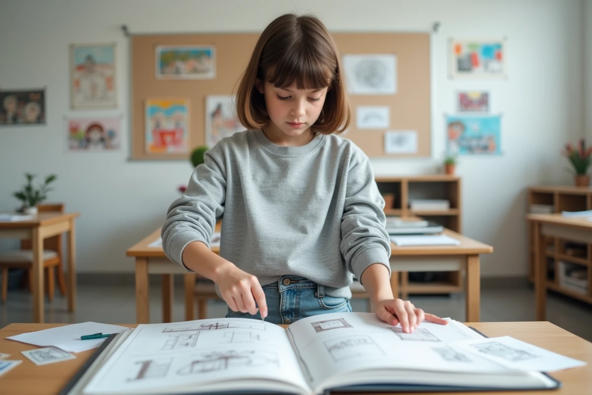 Jeune fille concentrée organisant son portfolio d'art dans une classe moderne