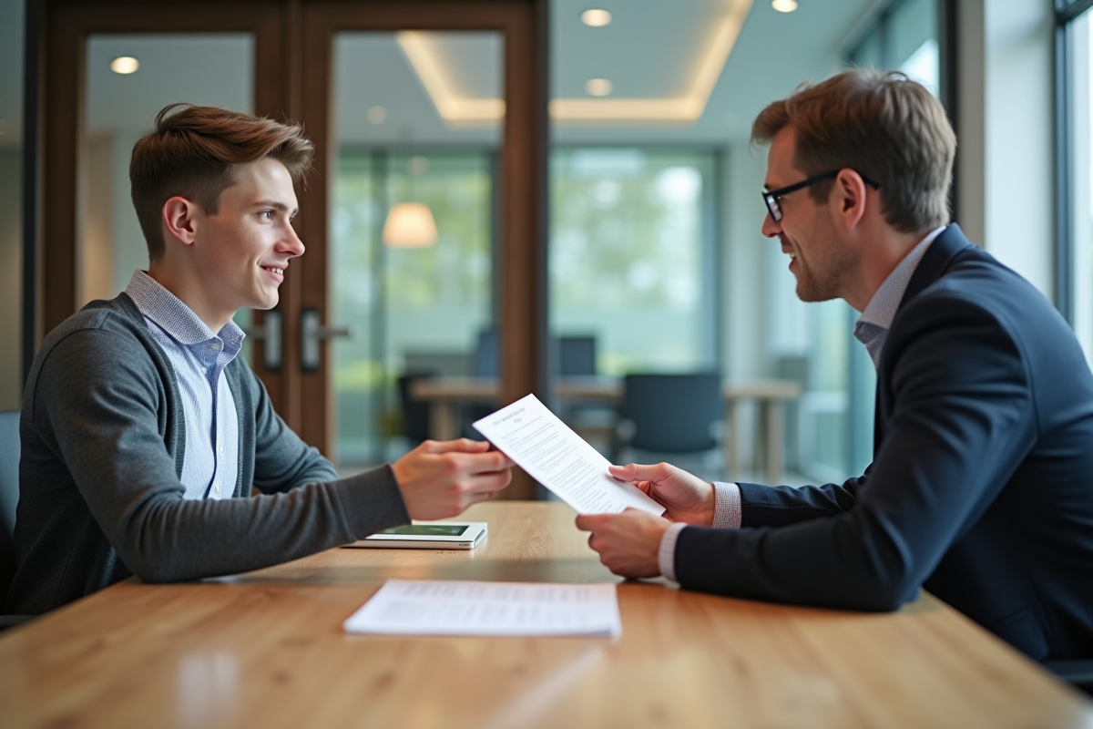 Jeune homme recevant un contrat de stage d’un professionnel