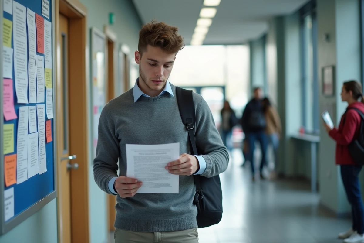 Jeune homme lisant un formulaire dans un couloir universitaire moderne