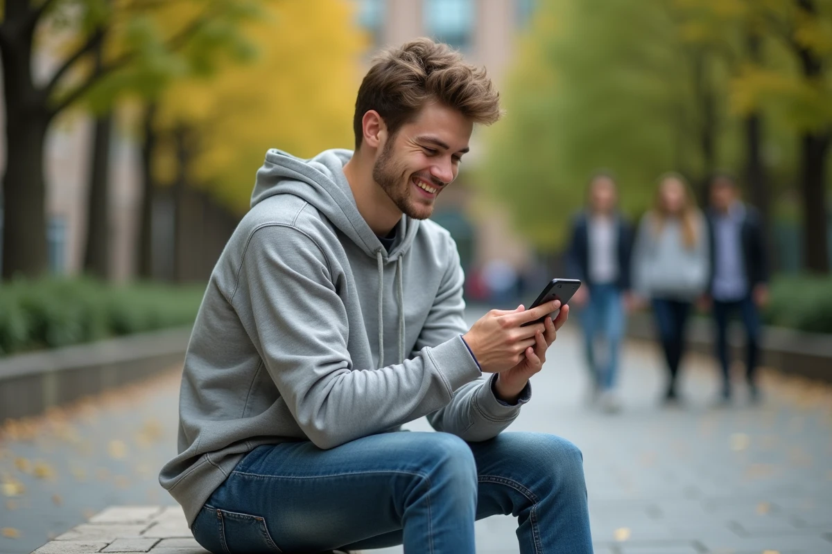 Jeune homme souriant vérifiant ses notes dans la cour universitaire