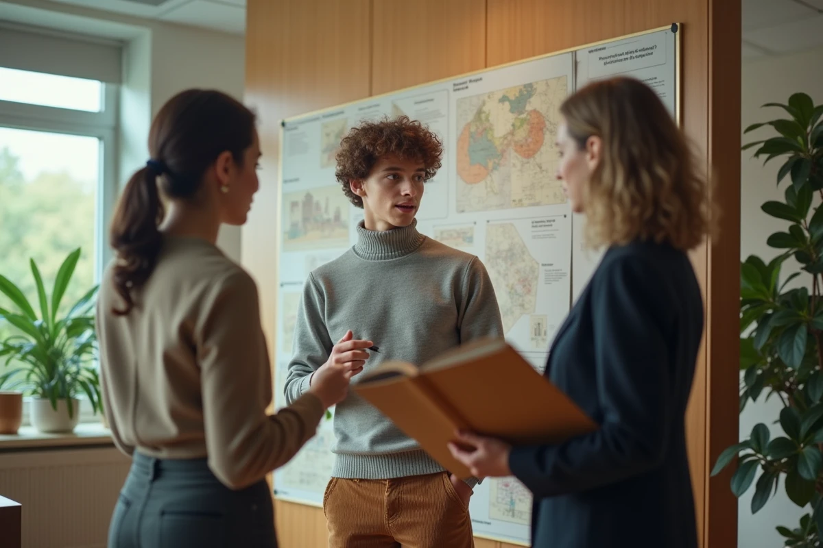 Jeune homme discutant de son artwork avec une femme dans un bureau d