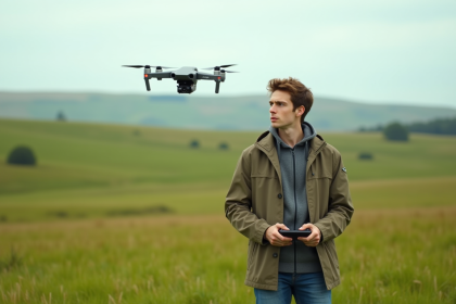 Jeune homme pilotant un drone dans un champ verdoyant