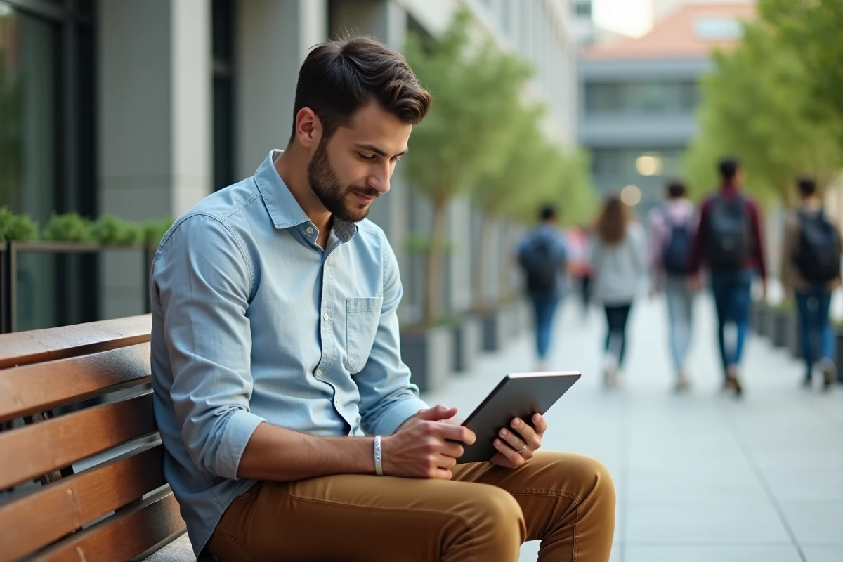 Jeune homme étudiant dehors avec une tablette dans un environnement dynamique