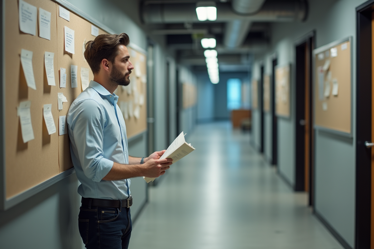Jeune homme dans un couloir d office regardant les memos