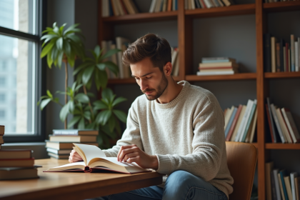 Jeune homme concentr&eacute; lisant dans un salon cosy