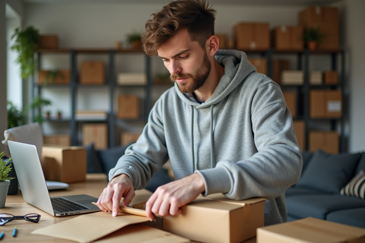 Jeune homme organisant des colis dans un bureau à la maison