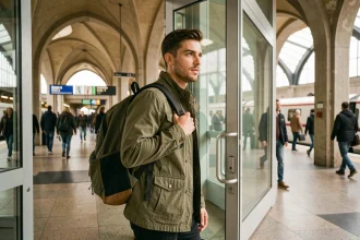 Jeune homme partant en voyage avec un sac à dos dans une gare moderne