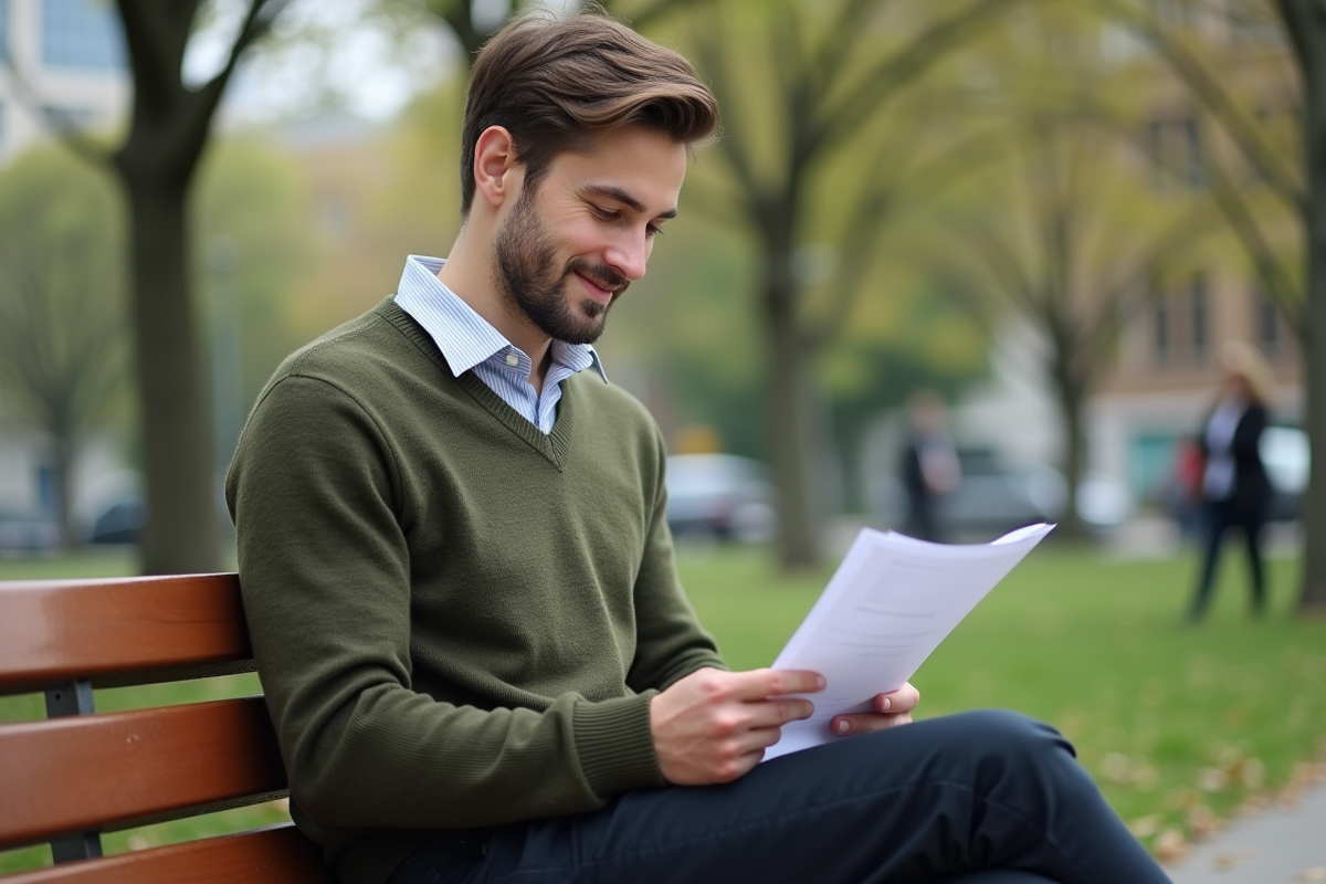 Jeune homme en extérieur examine son CV sur un banc