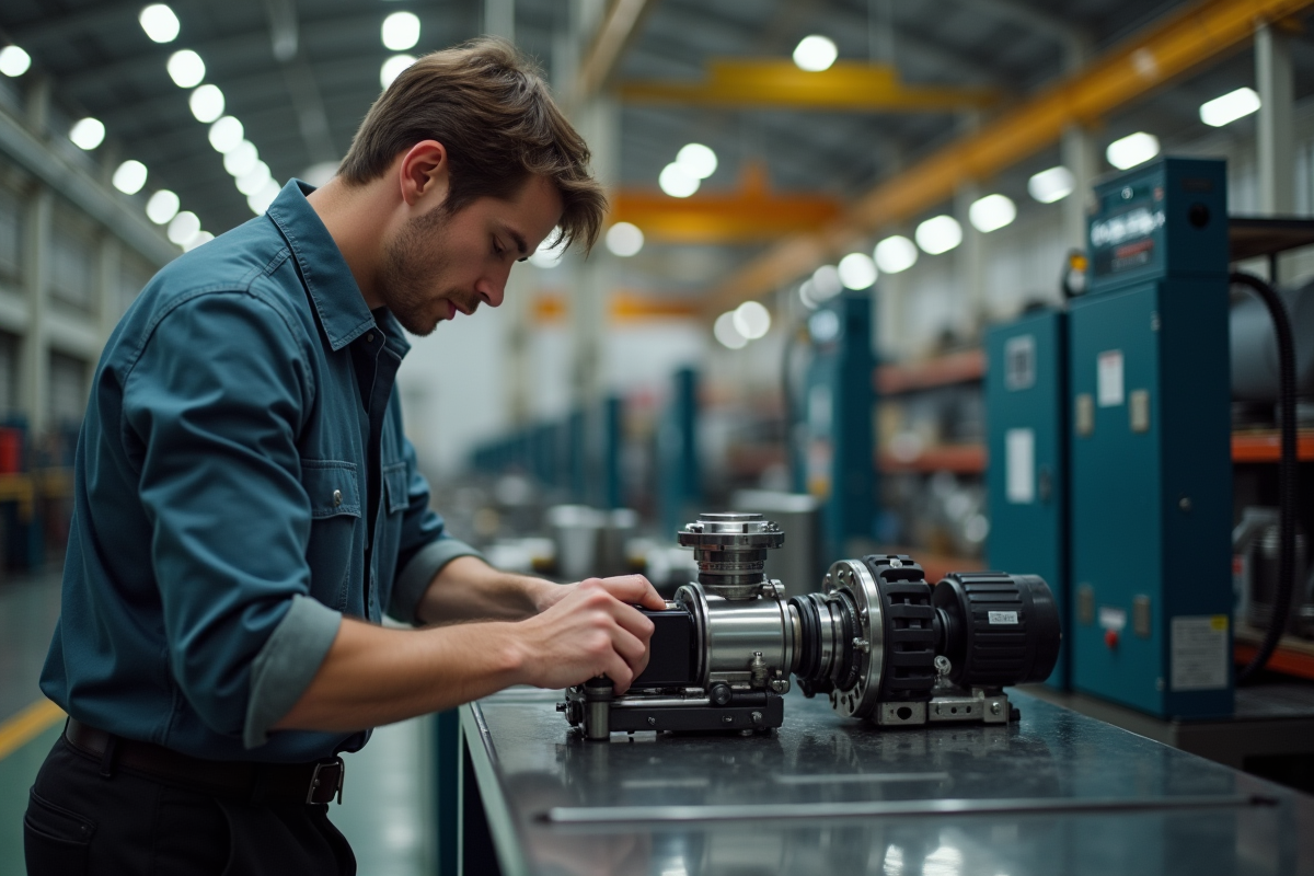 Jeune homme en atelier installe une piece mecanique sur une machine