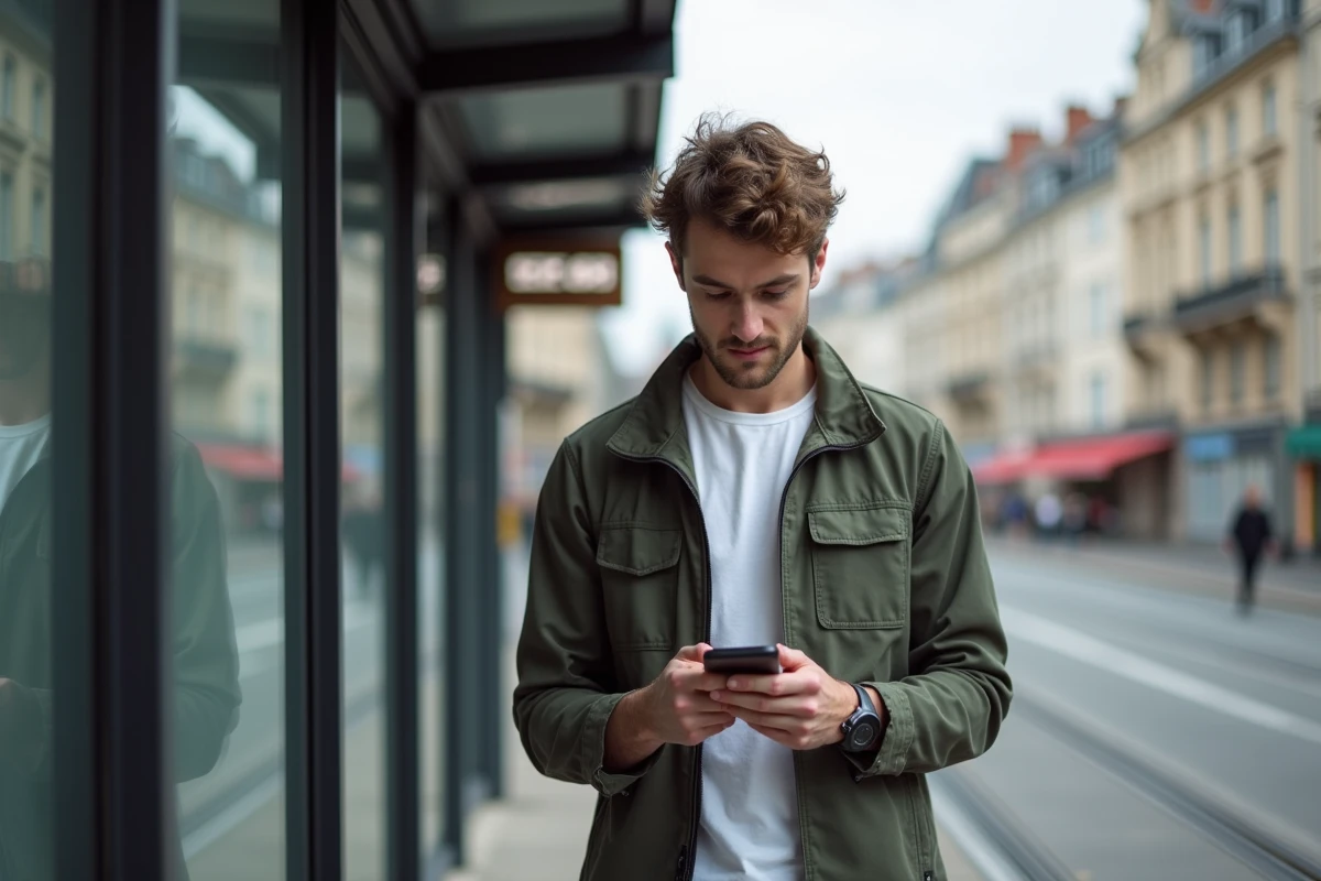 Jeune homme vérifiant son smartphone à un arrêt de tram à Amiens