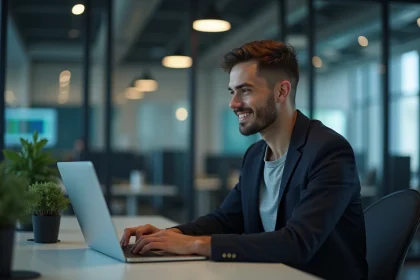 Jeune homme en blazer travaillant sur un ordinateur dans un espace moderne
