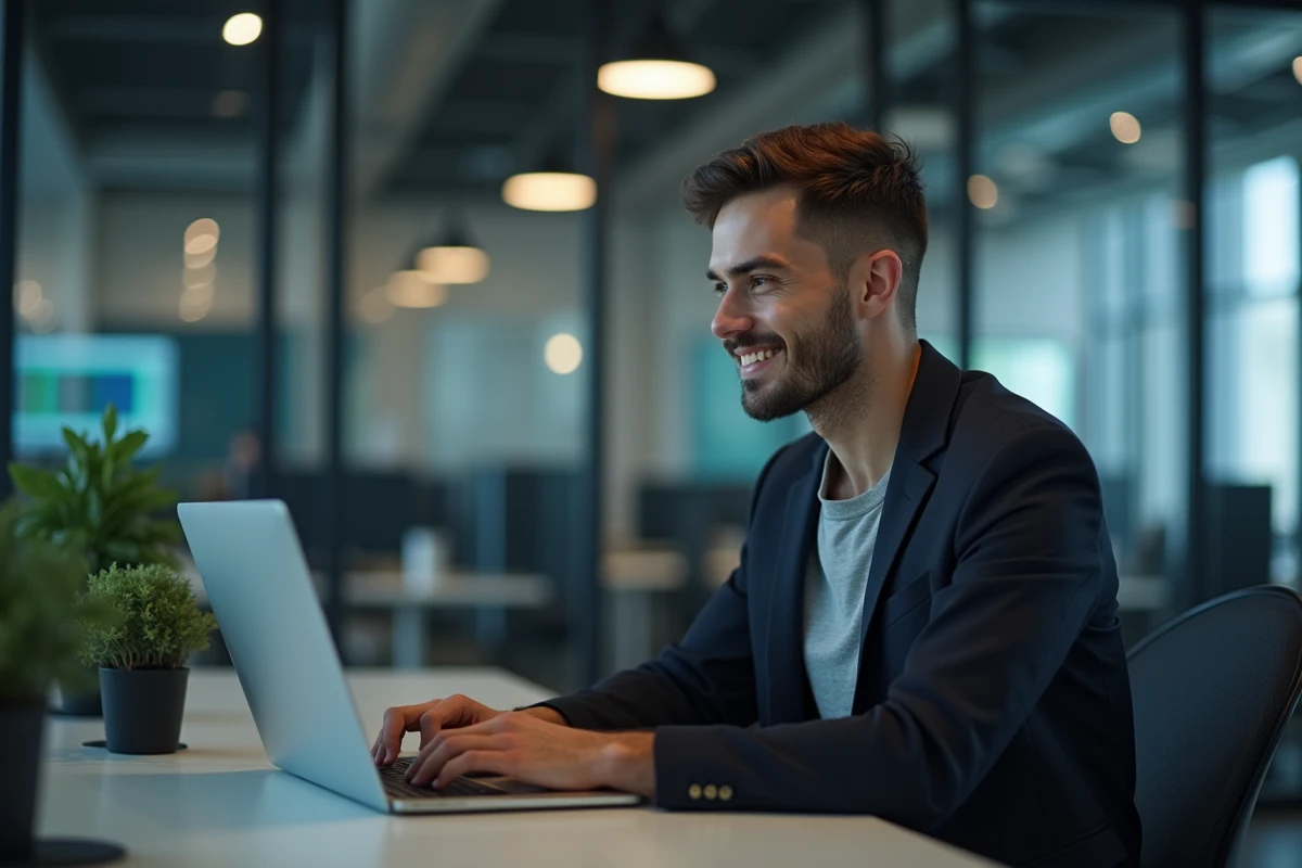 Jeune homme en blazer travaillant sur un ordinateur dans un espace moderne