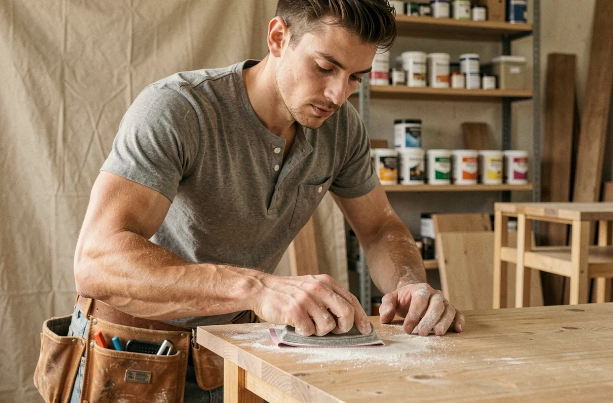 Jeune menuisier ponçant un panneau de bois dans un atelier de formation avec des outils de finition visibles en arrière-plan