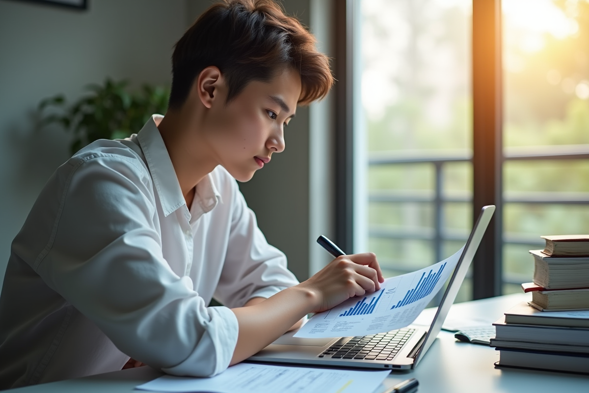 Jeune professionnel analysant des graphiques sur un ordinateur
