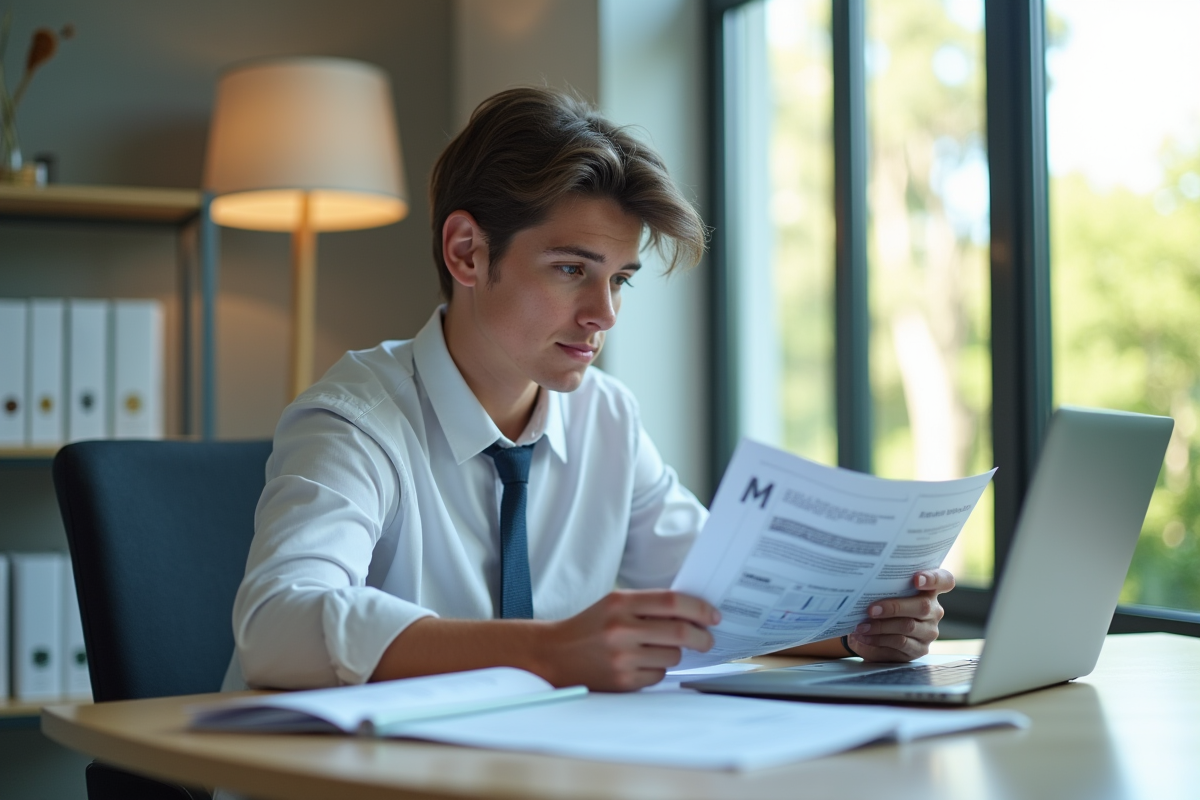 Jeune professionnel au bureau comparant brochures et notes