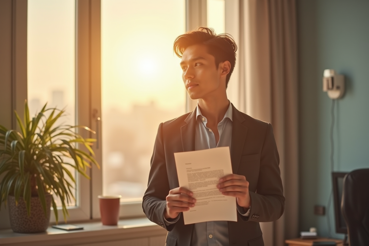 Jeune professionnel tenant une lettre de démission dans un bureau lumineux