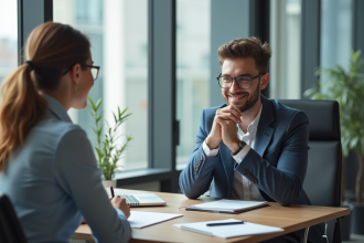 Jeune professionnel confiant posant une question lors d'un entretien