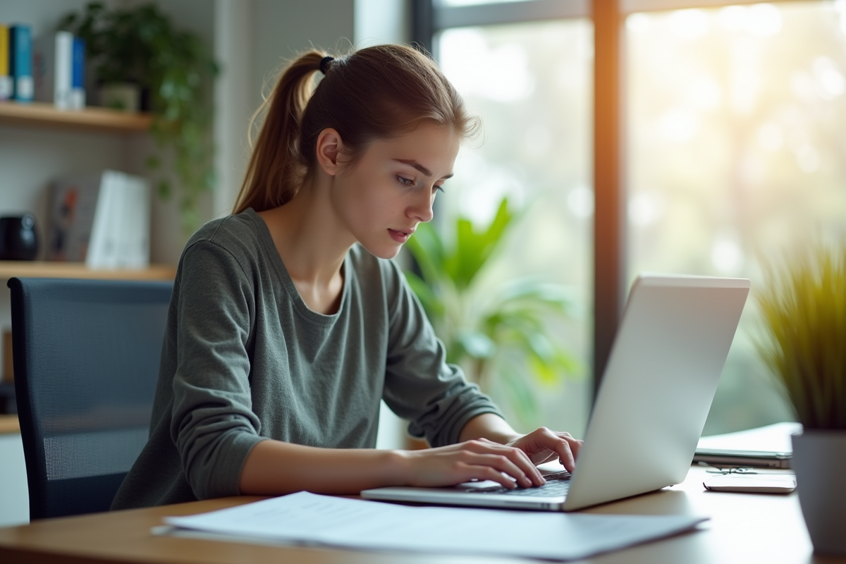 Jeune professionnel au bureau consulte un CV et rédige une lettre