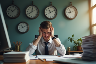 Jeune professionnel stressé au bureau avec horloges et papiers