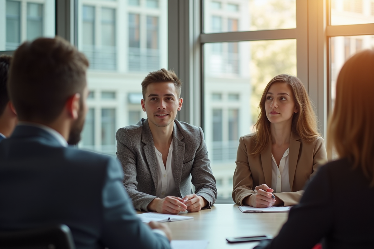 Groupe de jeunes professionnels en réunion dans un bureau lumineux