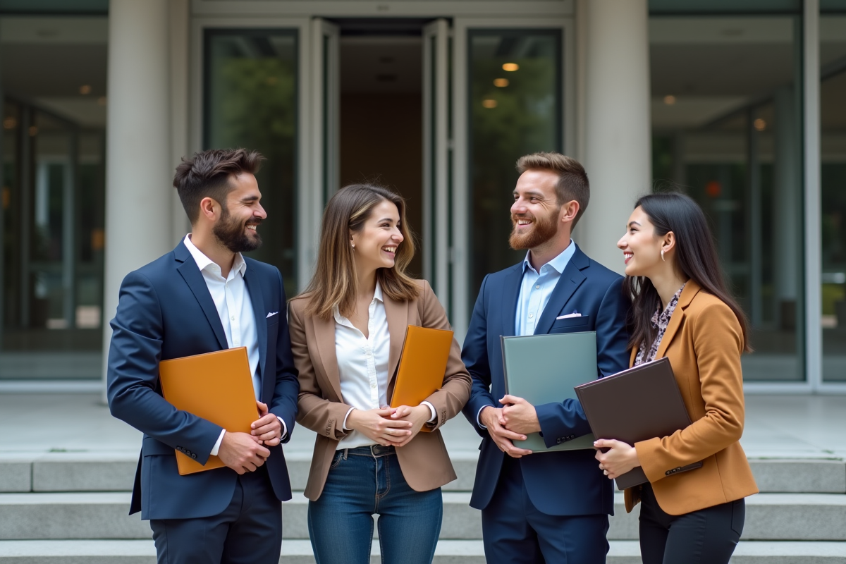Groupe de jeunes professionnels devant un bâtiment officiel