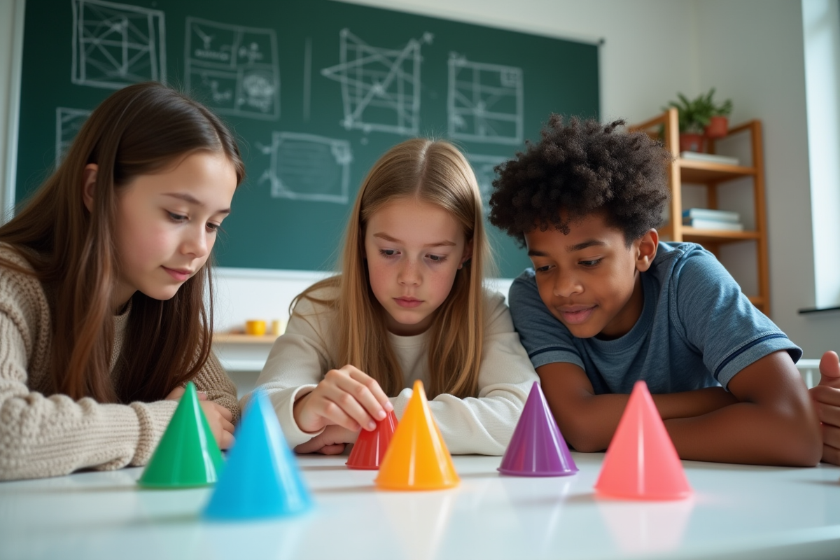 Jeunes divers manipulant des modèles de triangles colorés en classe