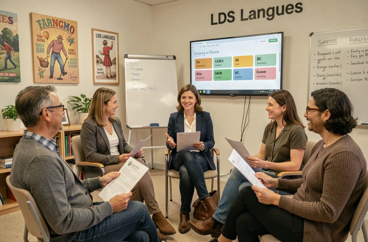 Cours d'anglais en petit groupe chez LDS Langues, avec une instructrice animant une session de conversation