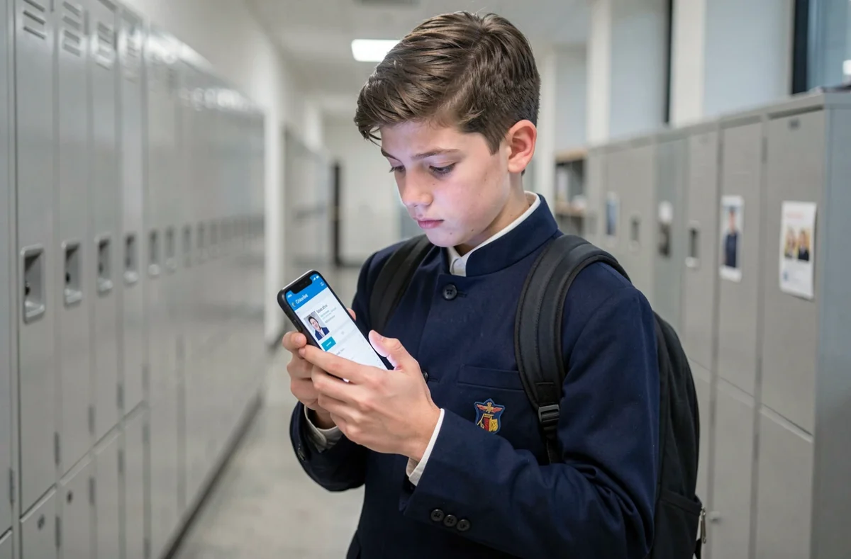 Lycéen consultant son bureau numérique ENT sur smartphone dans un couloir scolaire