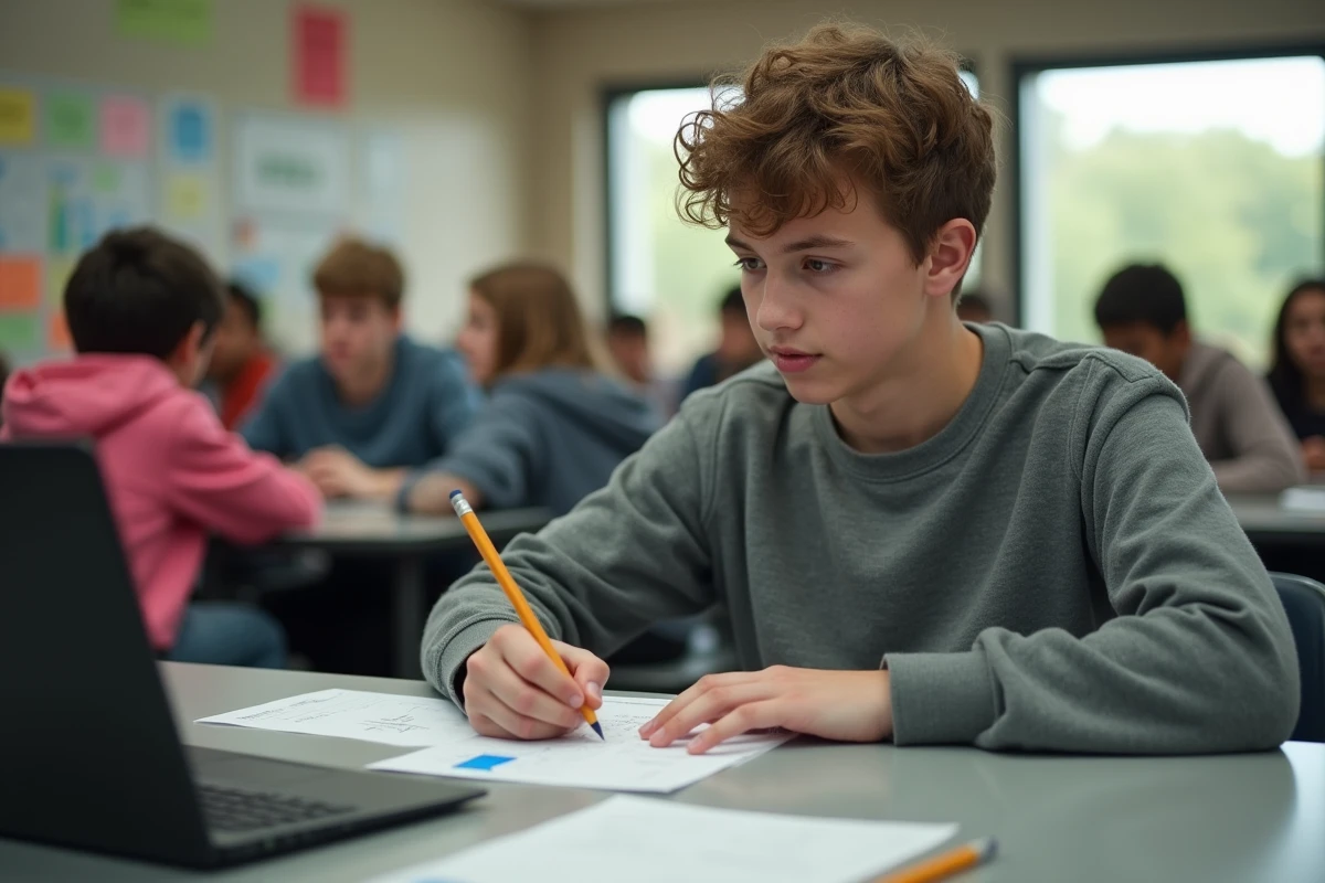 Lycéen calculant sa moyenne générale sur papier et ordinateur portable à la cantine de son lycée
