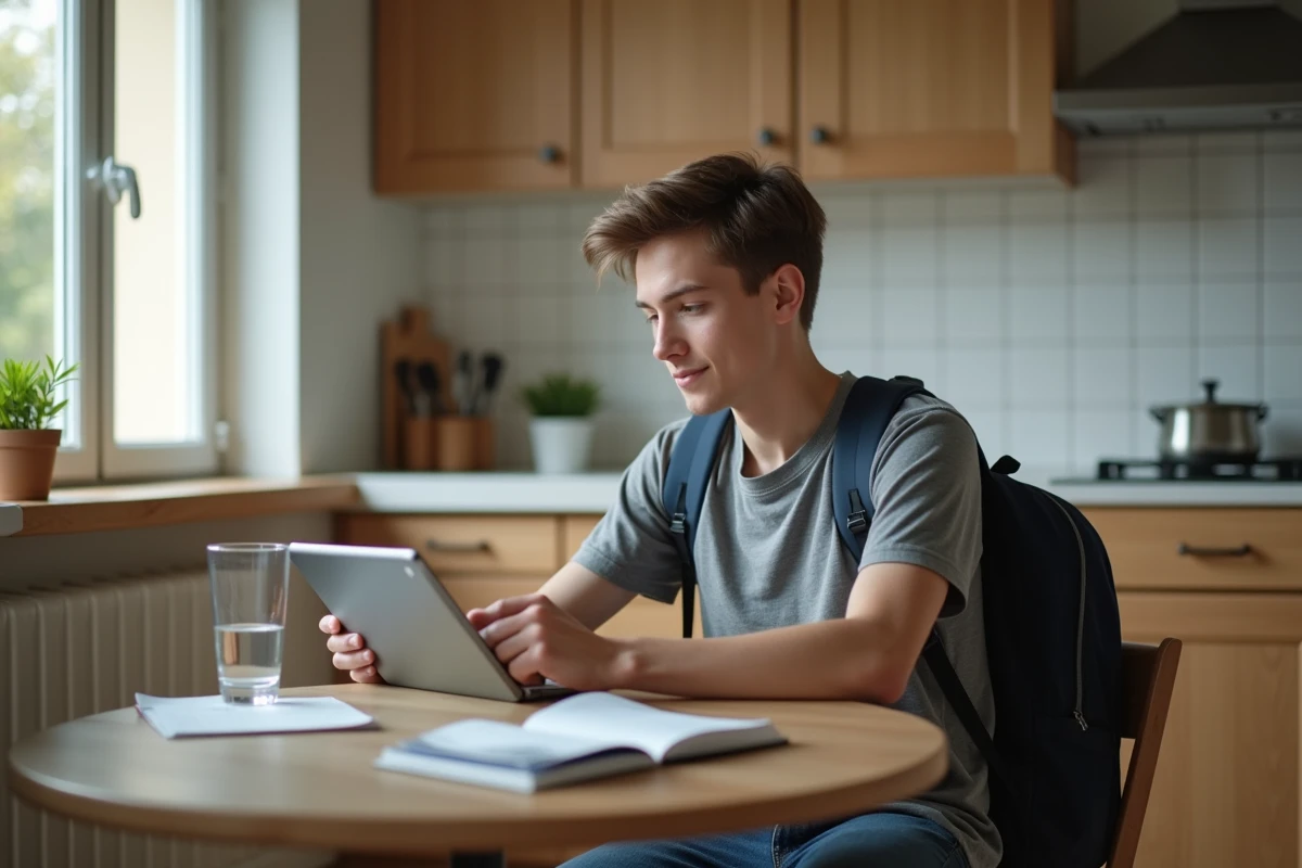 Lycéen consultant l'ENT Île-de-France sur une tablette depuis son domicile en rentrée scolaire