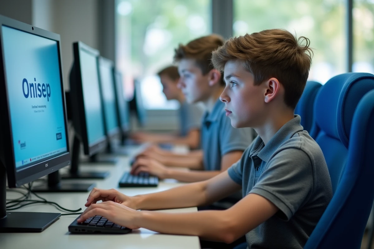 Adolescent en lycée professionnel utilisant le test d'orientation Onisep sur un ordinateur en salle informatique