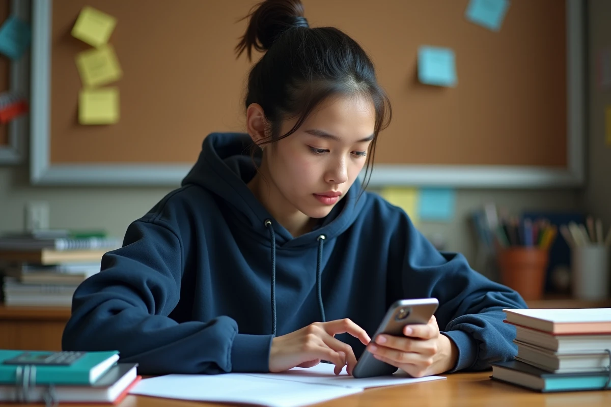 Lycéenne calculant sa moyenne générale sur smartphone dans sa chambre avec des cahiers et manuels scolaires