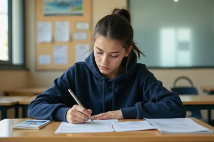 Lycéenne remplissant un dossier de demande de carte étudiant dans un bureau administratif scolaire