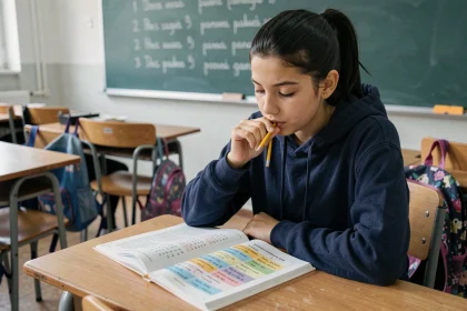 Lycéenne qui révise la conjugaison de l'imparfait espagnol dans sa salle de classe avec un manuel de grammaire ouvert