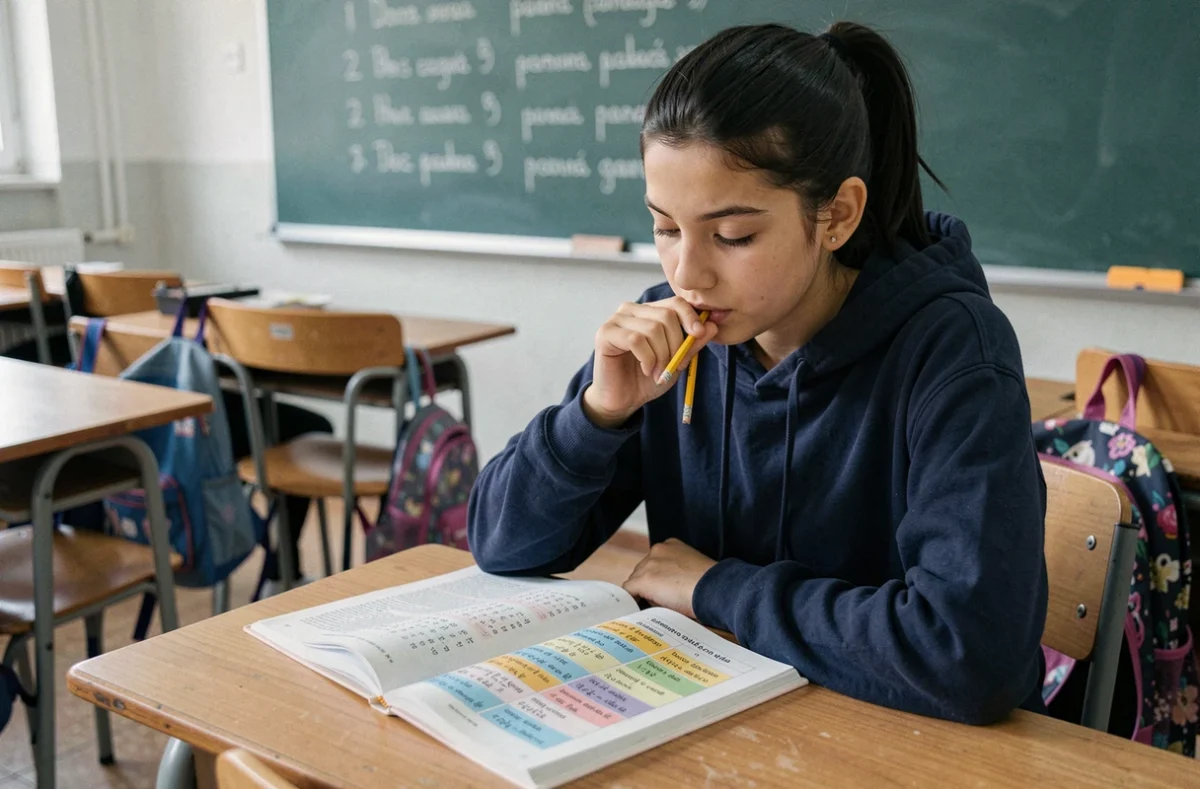 Lycéenne qui révise la conjugaison de l'imparfait espagnol dans sa salle de classe avec un manuel de grammaire ouvert