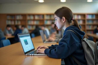 Lycéenne utilisant le portail ENT Île-de-France sur un ordinateur portable dans une bibliothèque scolaire