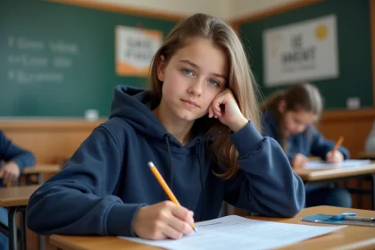 Lycéenne en formation professionnelle remplissant un questionnaire d'orientation scolaire dans une salle de classe