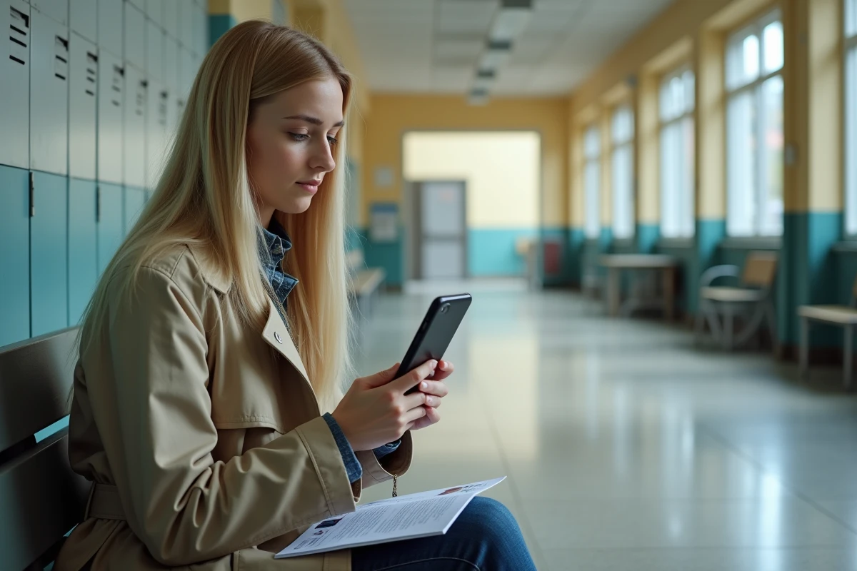Lycéenne consultant les justificatifs requis pour la carte étudiant sur son téléphone dans un couloir de lycée
