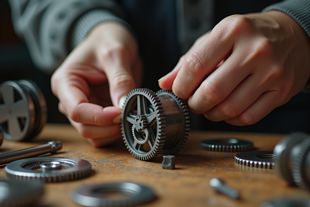 Mains assemblant des engrenages et outils sur un établi en bois