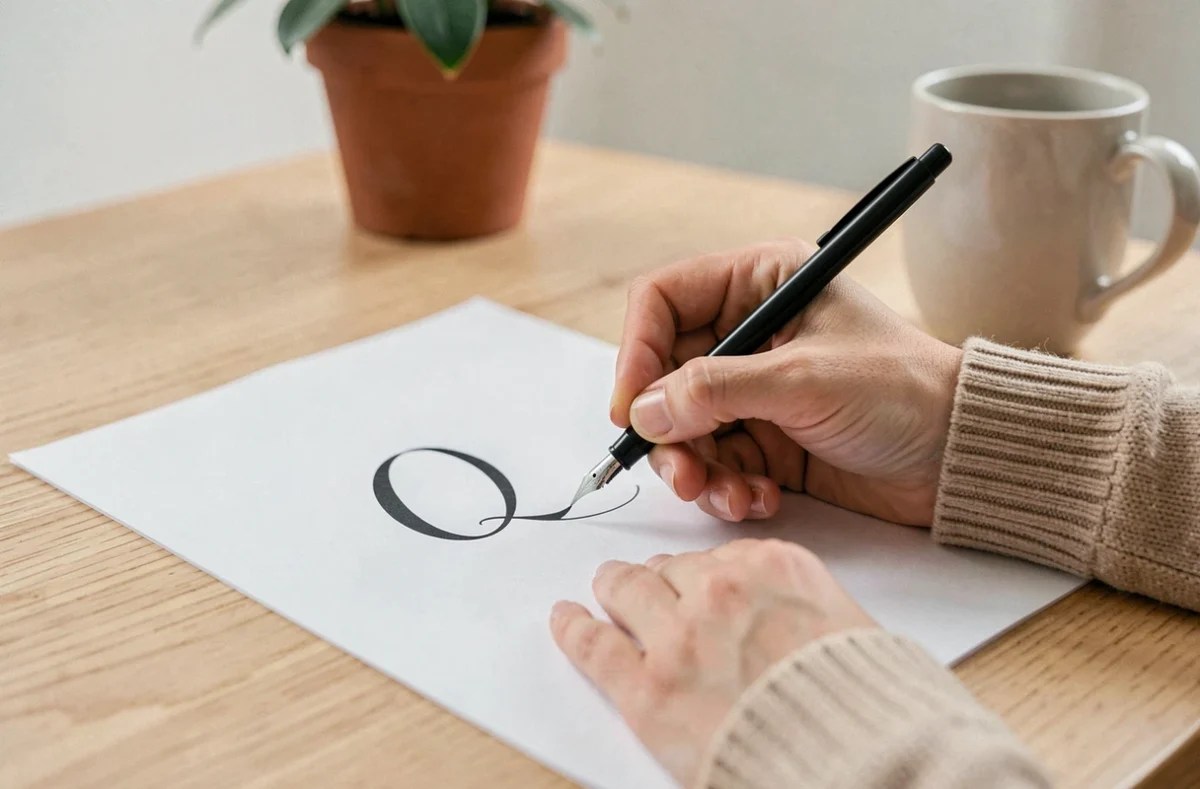 Gros plan sur des mains adultes écrivant un Q majuscule en cursive attachée sur une fiche d'entraînement blanche