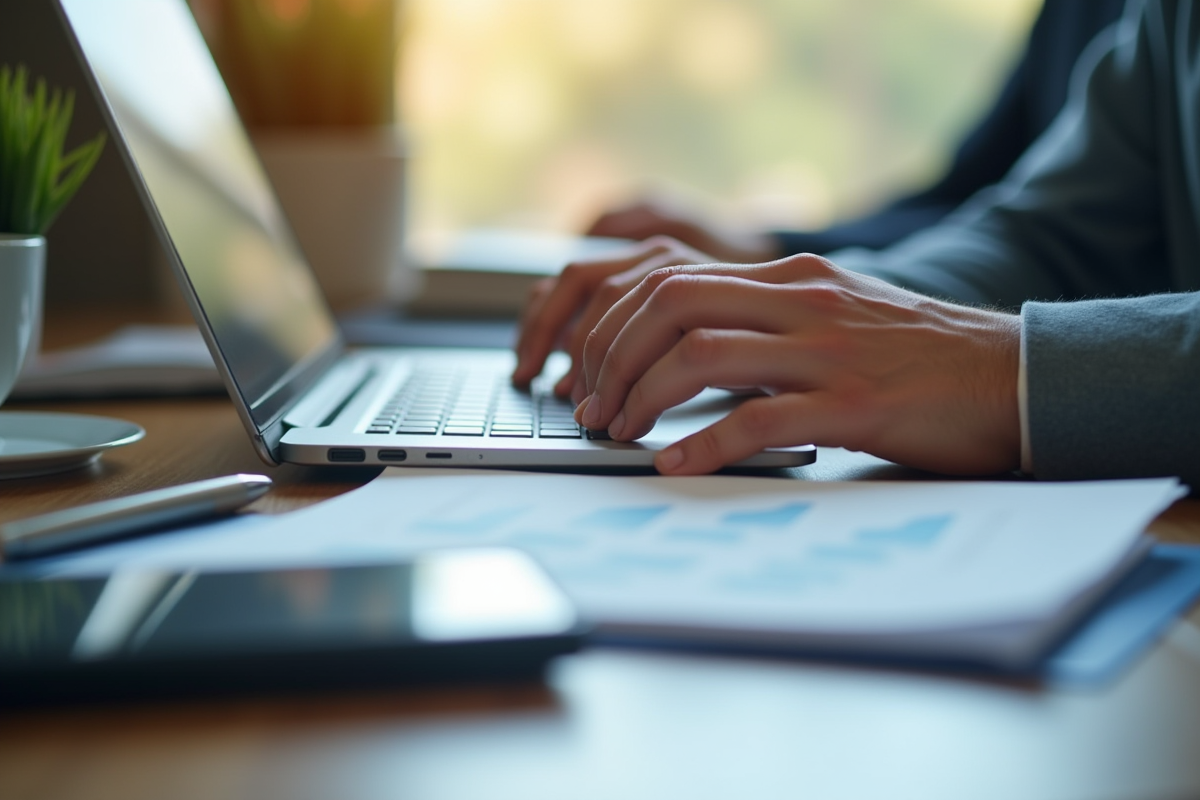 Mains tapant sur un clavier avec bureau organisé et documents