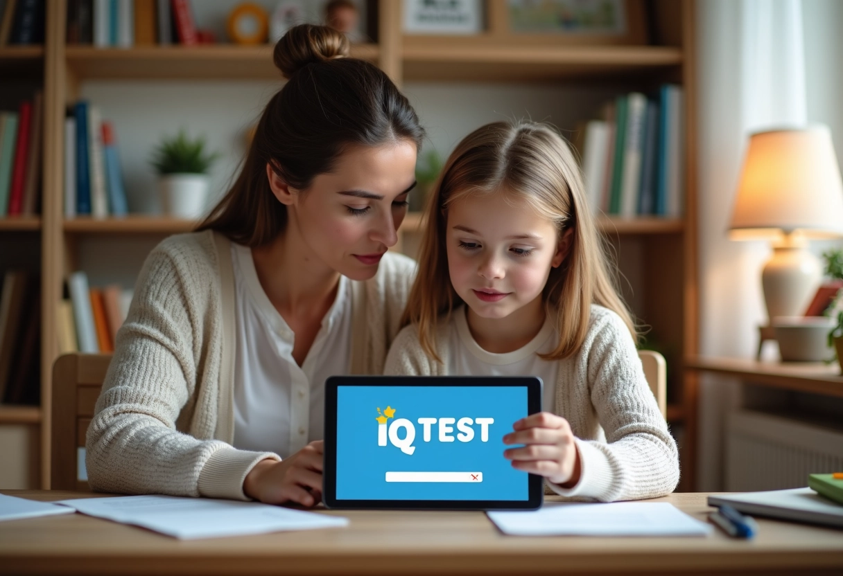 Mère et fille regardant un test IQ sur tablette