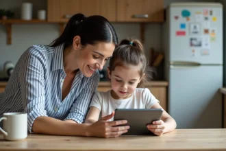 Maman et sa fille utilisent une tablette à la cuisine