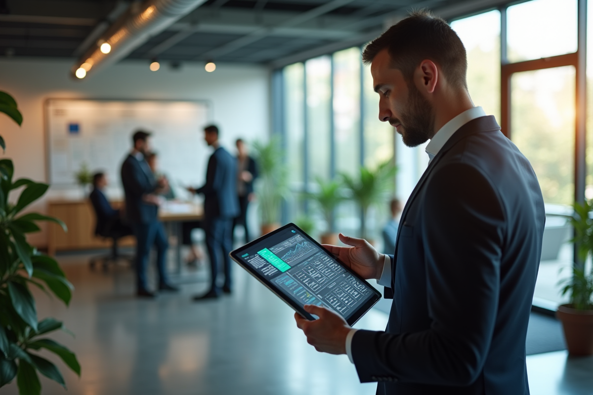 Manager RH analysant une matrice des employés sur tablette