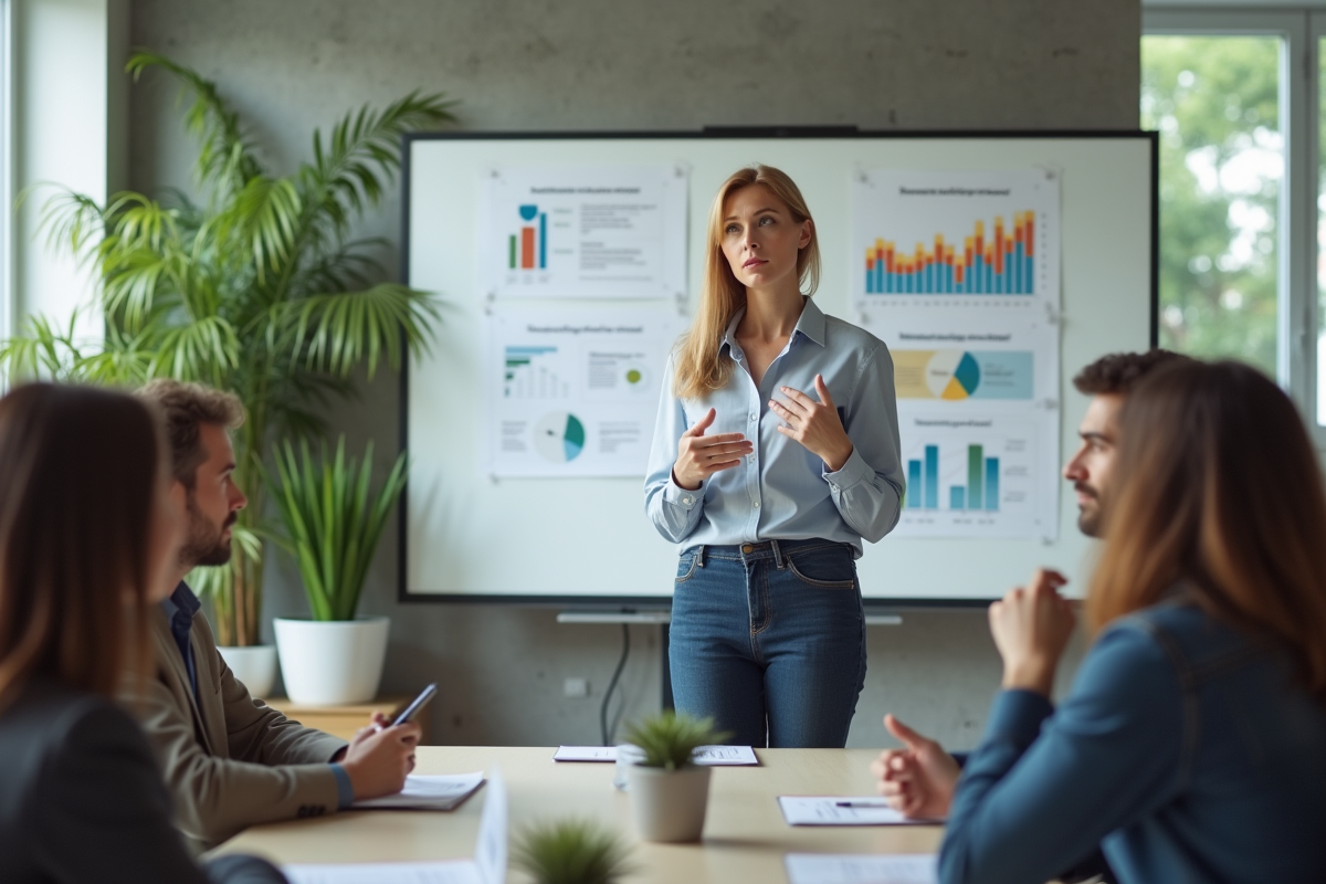 Manager femme expliquant des graphiques lors d