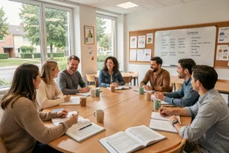 Groupe d'apprenants adultes en cours de langue dans une école d'Essonne, autour d'une table avec manuels et cahiers ouverts