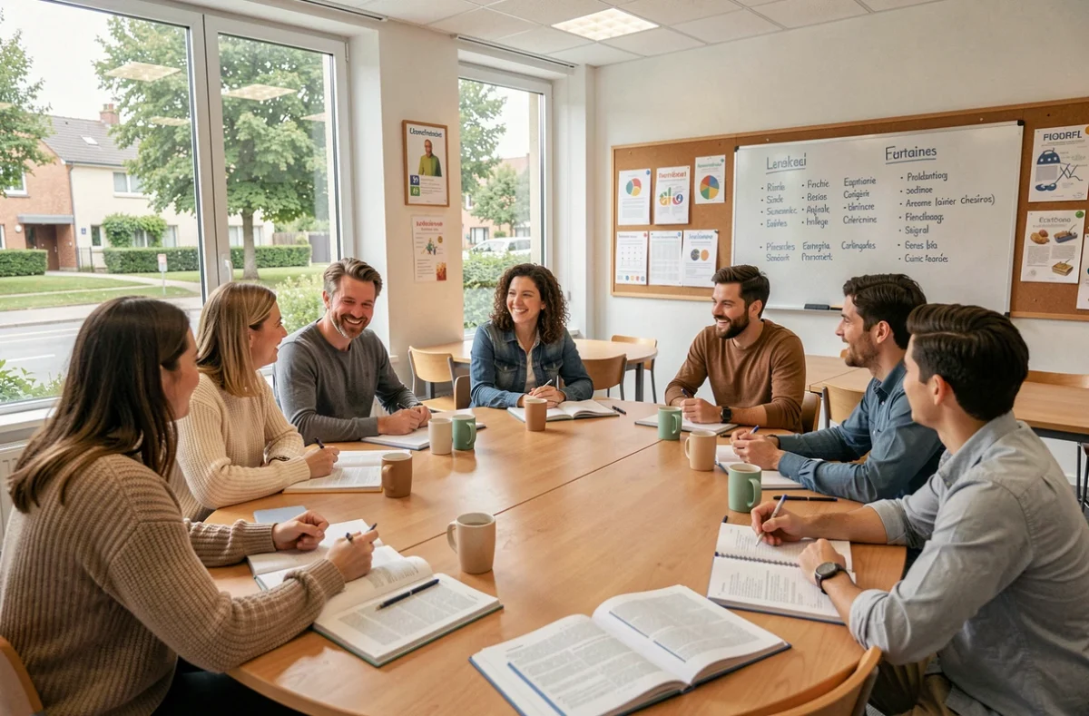 Groupe d'apprenants adultes en cours de langue dans une école d'Essonne, autour d'une table avec manuels et cahiers ouverts