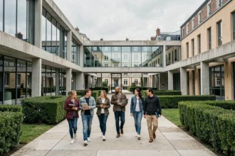 Vue d'ensemble d'un campus de formation professionnelle dans la Vienne avec des apprenants adultes traversant une cour moderne