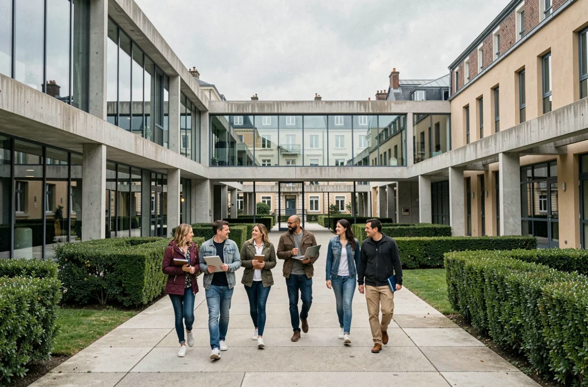 Vue d'ensemble d'un campus de formation professionnelle dans la Vienne avec des apprenants adultes traversant une cour moderne
