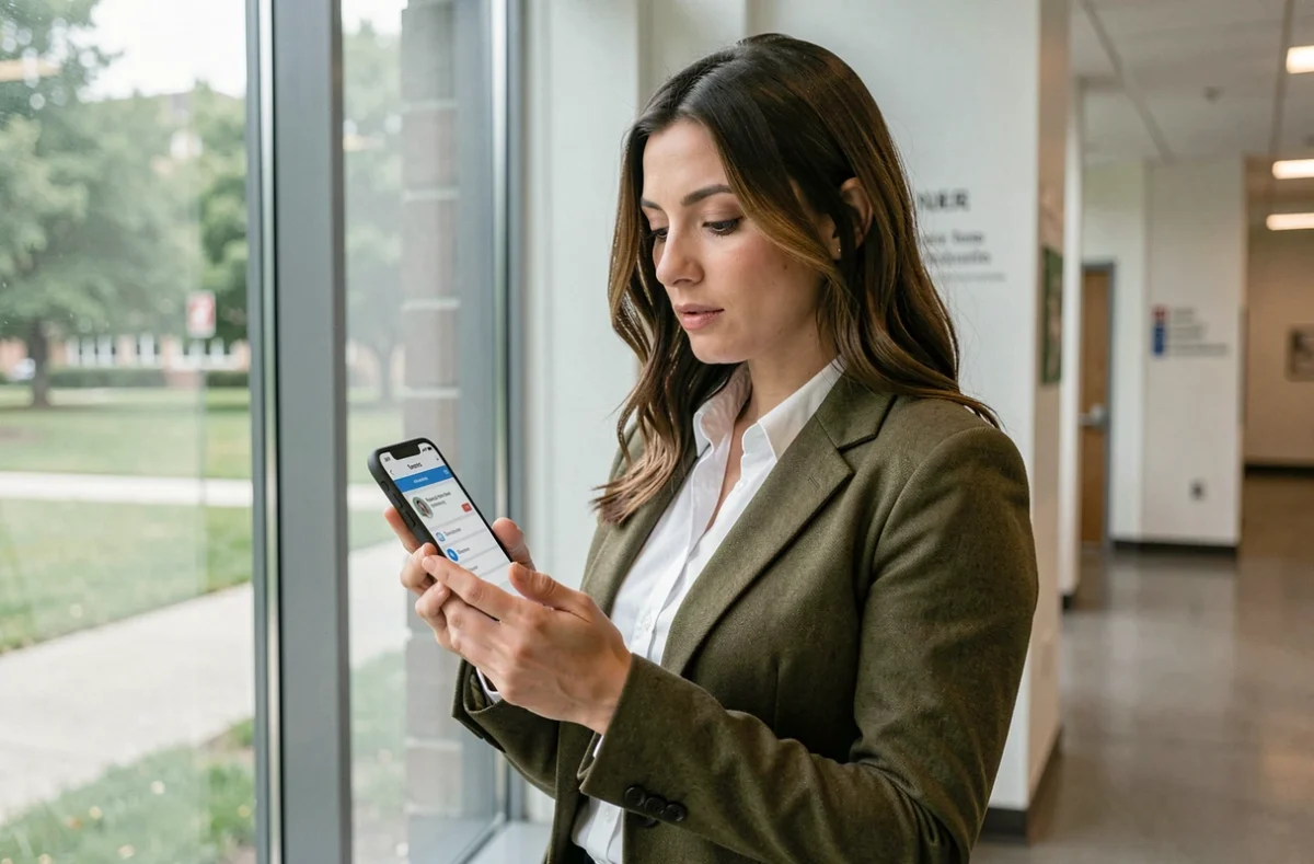 Femme consultant la configuration de sa messagerie universitaire UT2J sur smartphone dans un couloir du campus
